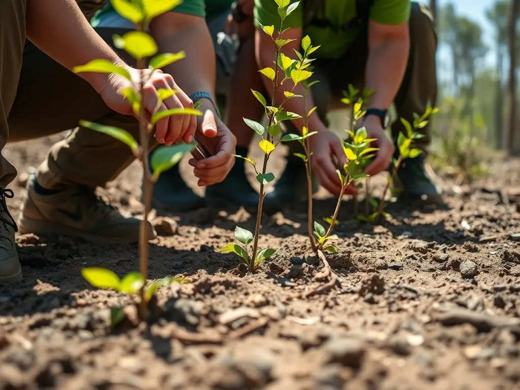 A photograph illustrating a habitat restoration project, with volunteers planting native trees and restoring natural habitats to support local flora and fauna.