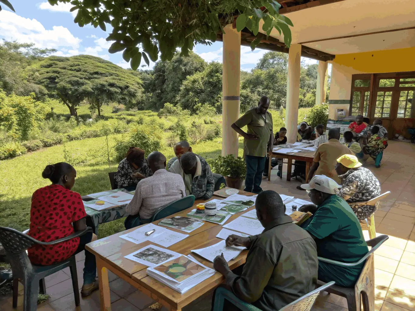 A community workshop with local residents and conservation experts discussing wildlife management strategies, showcasing ACCA's dedication to community education and awareness.
