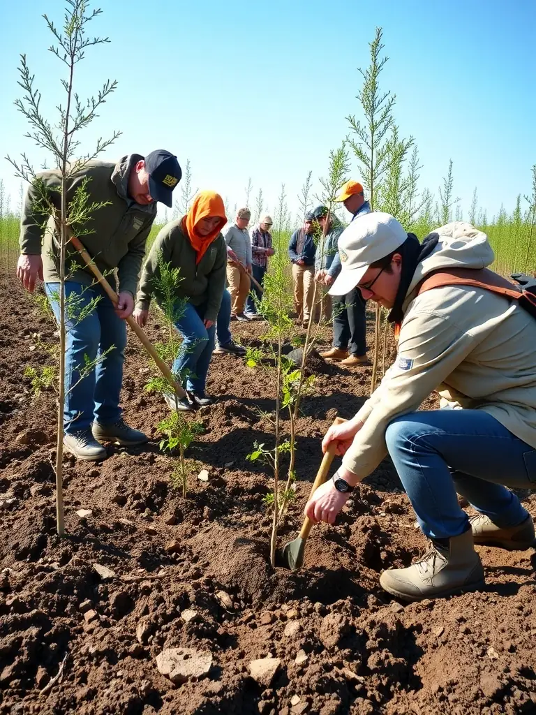 A photograph showing ACCA volunteers planting native trees and shrubs as part of a habitat restoration project in a deforested area of Chamouillac.