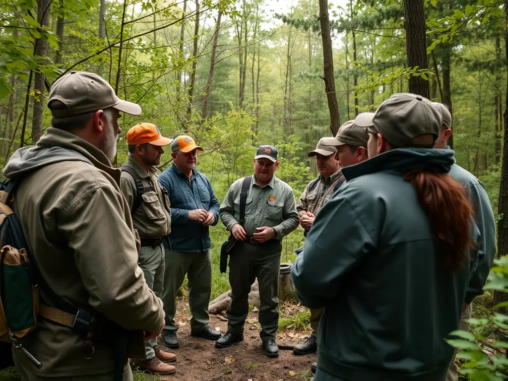 A photograph depicting a wildlife management expert leading a workshop on sustainable hunting practices in a natural setting, emphasizing community engagement and education.