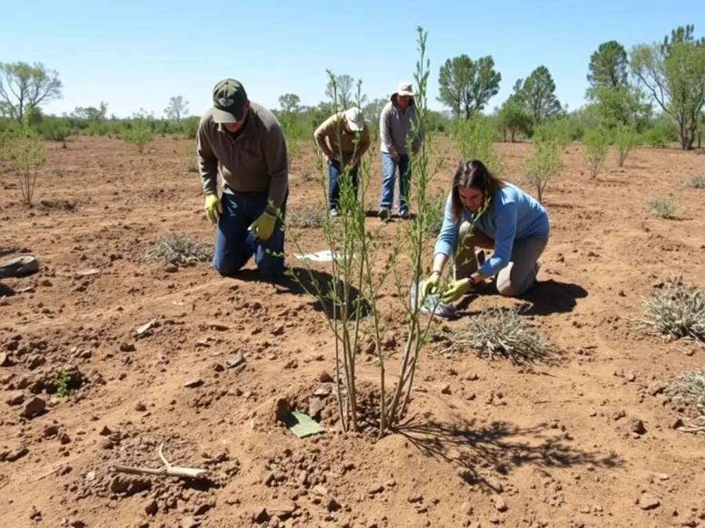 Volunteers planting native trees and restoring a natural habitat in a protected area, illustrating ACCA's biodiversity preservation initiatives.