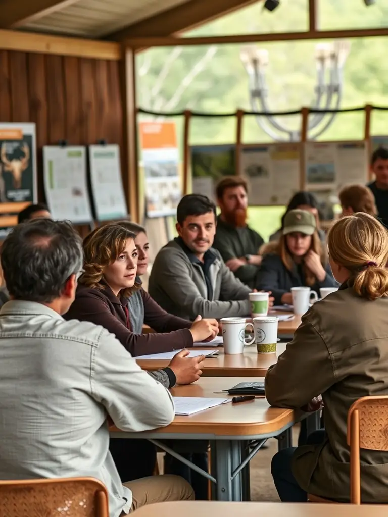 A group of community members participating in a workshop on responsible hunting practices, emphasizing the importance of biodiversity and ecosystem preservation.