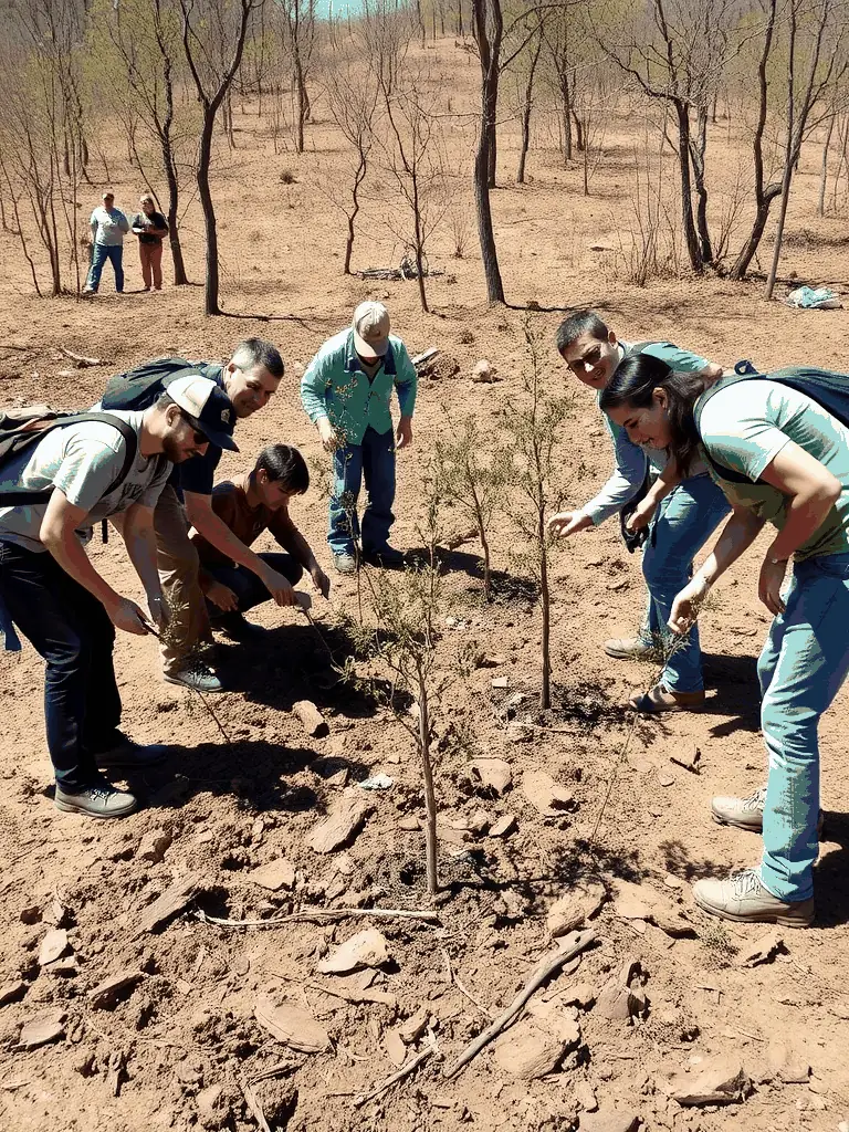 Volunteers planting native trees and restoring a natural habitat in a protected area, contributing to the overall health of local ecosystems.