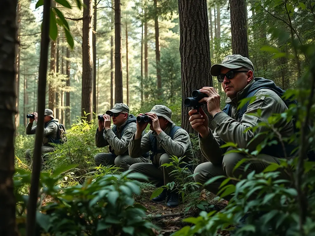 A team of conservationists inspecting wildlife habitats with binoculars and monitoring equipment in a lush forest setting, representing ACCA's commitment to wildlife regulation and management.