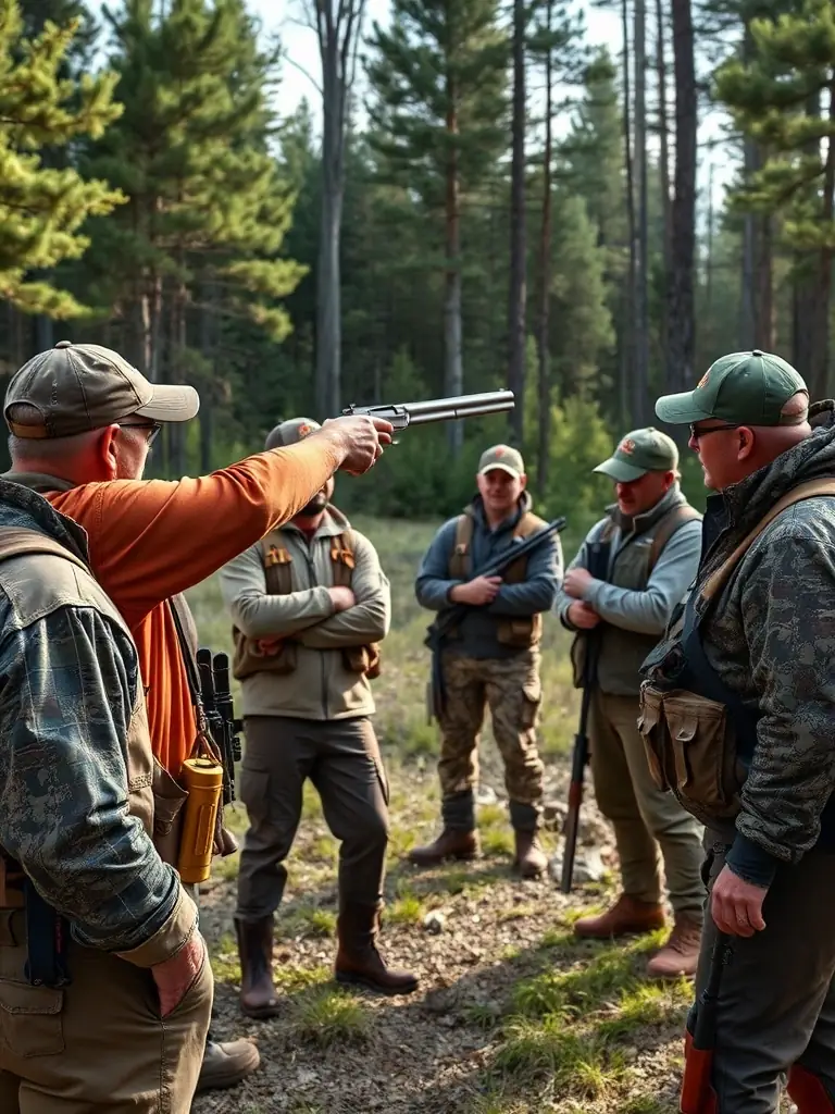A photograph of ACCA members conducting a safety training session for local hunters, demonstrating proper firearm handling and safety protocols.